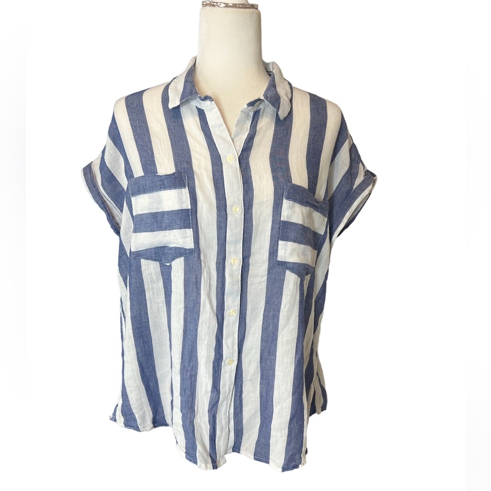 Lucky Brand Womens Hi-Low Striped Top Blue Split Back Pockets Boxy size Large